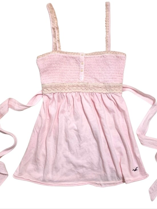 Hollister Tops - Hollister lace trim ruched babydoll light pink vintage top with back tie
